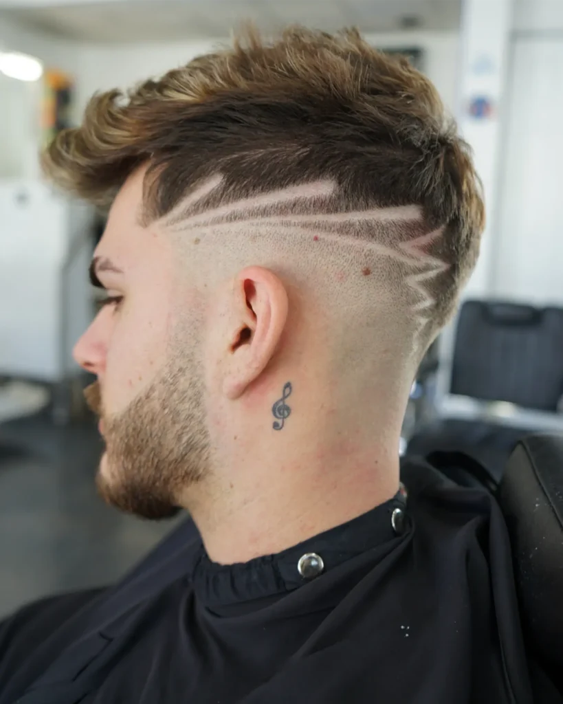 Blonde textured quiff with a skin fade and razor-carved side lines, cut by Luis Mosquera